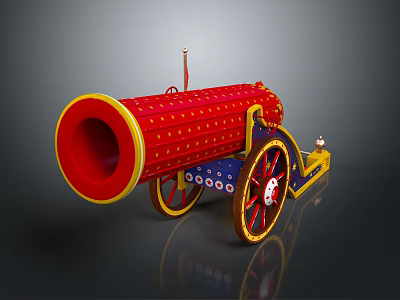 Decorative Vintage Cannon With Red Barrel Blue Body Yellow Accents And Spoked Wheels 3d model