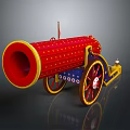Decorative Vintage Cannon With Red Barrel Blue Body Yellow Accents And Spoked Wheels