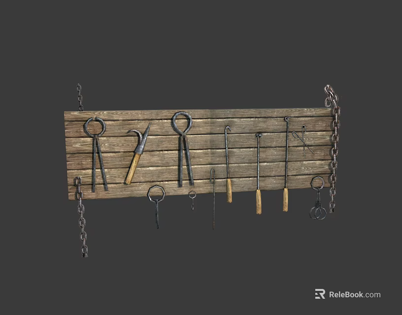 Vintage Hardware Tools Hanging On Wooden Board With Pliers Hammers And Chains 3d model 