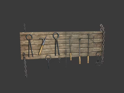 Vintage Hardware Tools Hanging On Wooden Board With Pliers Hammers And Chains 3d model