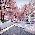 Scenic Plaza Landscape With Cherry Blossom Trees Transparent Structure And Pedestrians On Walkway