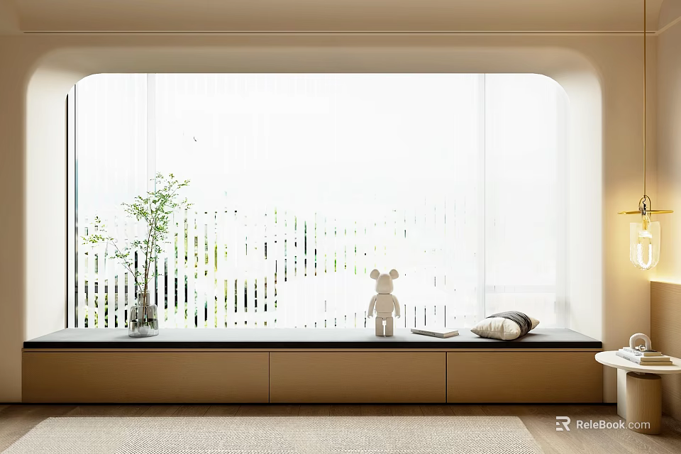 Modern Interior With Venetian Blinds On Window Decorated With Vase Bear Doll And Blanket 3d model 