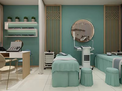 Modern Beauty Salon Interior With Green Walls Round Mirror Treatment Beds And Plants 3d model