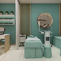 Modern Beauty Salon Interior With Green Walls Round Mirror Treatment Beds And Plants