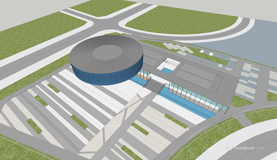 Large Circular Building Complex With Surrounding Roads Green Spaces And Water Features 3d model