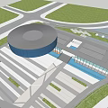 Large Circular Building Complex With Surrounding Roads Green Spaces And Water Features 3d model
