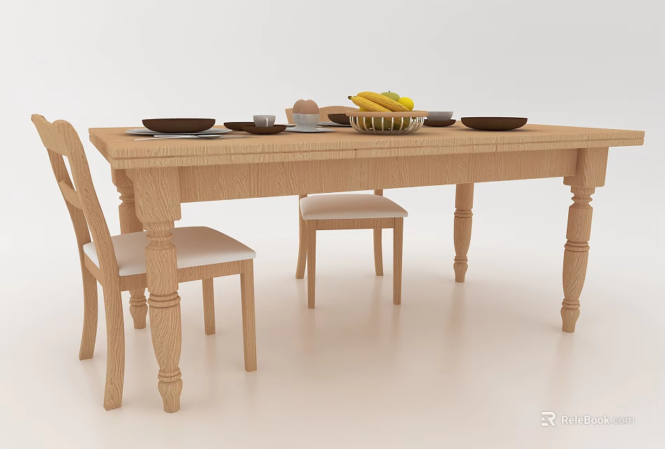 Wooden Dining Table Set With Matching Chairs Plates Cups And Fruit Basket 3d model 