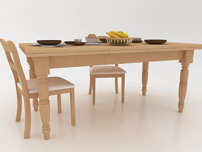 Wooden Dining Table Set With Matching Chairs Plates Cups And Fruit Basket 3d model