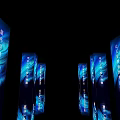 Elevator Hallway With Illuminated Commercial Text On Walls And Ceiling Creating Modern Vibe