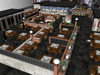 Modern Restaurant Interior With Multiple Dining Tables Chairs Decorative Plants And Ambient Lighting 3d model