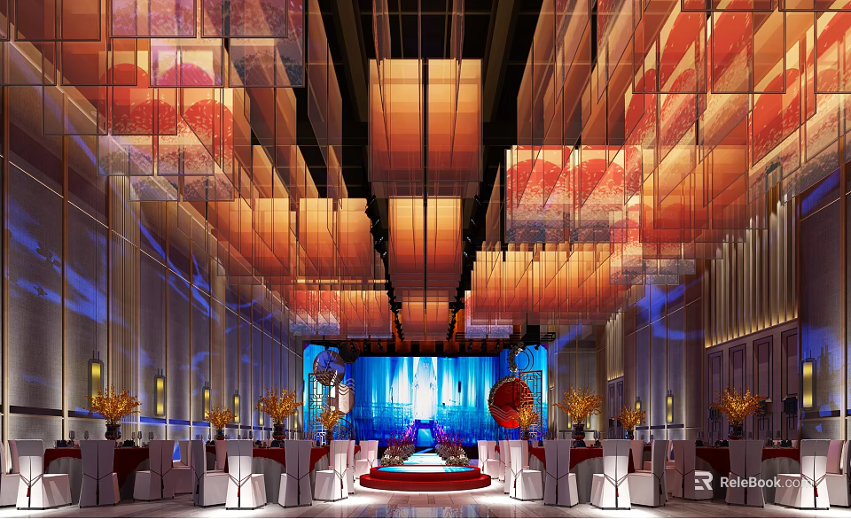 Banquet Hall With Colorful Hanging Lamps Blue Backdrop Stage White Chairs And Decorative Flowers 3d model 