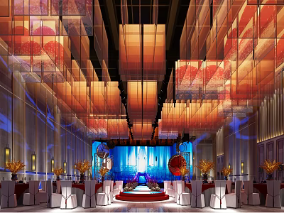 Banquet Hall With Colorful Hanging Lamps Blue Backdrop Stage White Chairs And Decorative Flowers 3d model