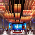 Banquet Hall With Colorful Hanging Lamps Blue Backdrop Stage White Chairs And Decorative Flowers