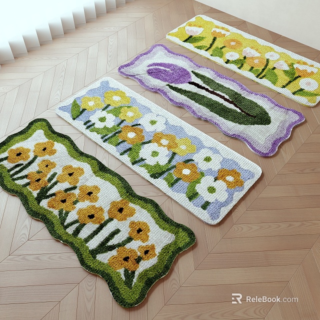 Colorful Floral Shaped Area Rugs On Wooden Floor 3d model 