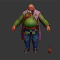 Chubby Old Man Cartoon Character With White Beard Green Top Purple Vest And Small Broom