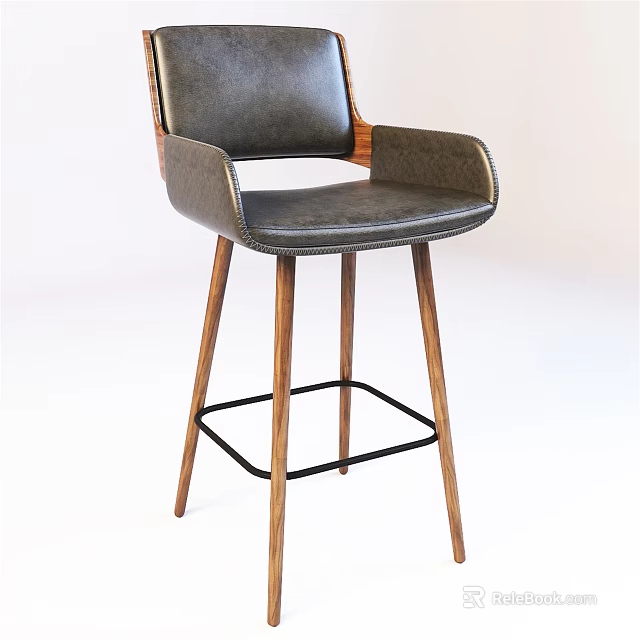 Modern Bar Stool With Leather Seat Wooden Legs And Metal Frame Design 3d model 