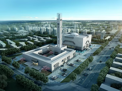 Aerial View Urban Planning of Large Dome Building Tower in Urban Area with Roads Greenery 3d model