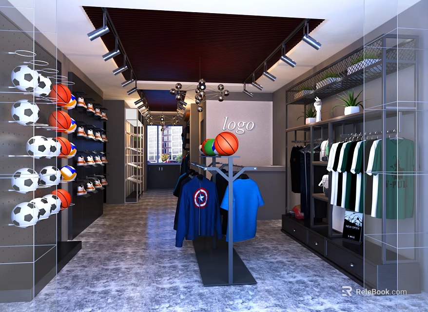 Modern Sports Specialty Store with Hanging Soccer Balls Basketballs and Sportswear 3d model 
