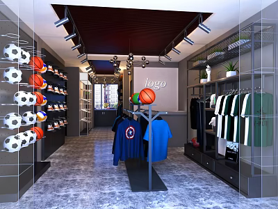 Modern Sports Specialty Store with Hanging Soccer Balls Basketballs and Sportswear 3d model