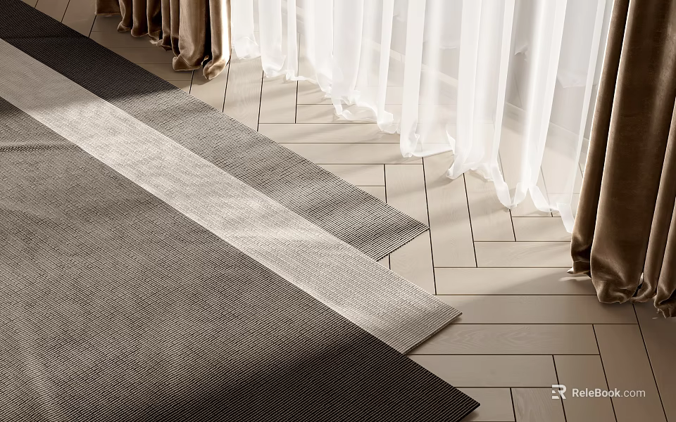 Soft Woven Square Rug in Gray and White Stripes on Herringbone Wooden Floor with Curtains 3d model 
