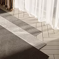 Soft Woven Square Rug in Gray and White Stripes on Herringbone Wooden Floor with Curtains