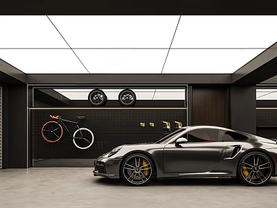 Modern Garage Interior With Silver Sports Car Bicycle Tires And Tools On Wall 3d model