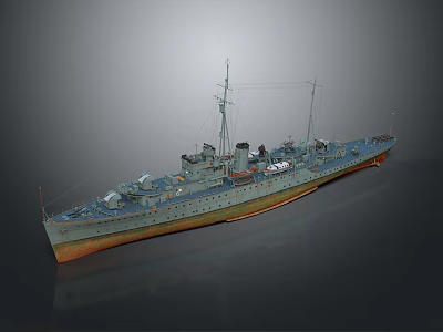 Vintage Warship Model With Gray Hull Red Bottom Turrets And Mast Structures 3d model