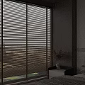 Modern Bedroom Interior Featuring Large Window With Wooden Blinds And Dried Flowers On Bedside Table