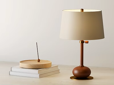 Modern Table Lamp With Brown Base Beige Lampshade And Wooden Tray On Stack Of Books 3d model