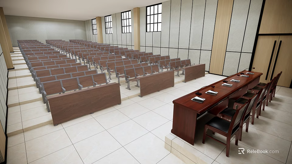 Spacious Conference Room With Rows of Chairs Front Desk and Windows 3d model 