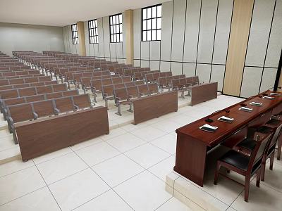 Spacious Conference Room With Rows of Chairs Front Desk and Windows 3d model
