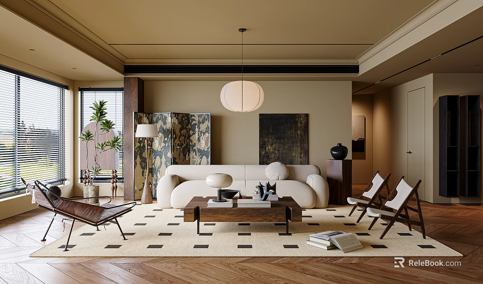 Modern Living Room Interior With White Sofa Coffee Table Checkered Rug Wooden Chairs And Plants 3d model 