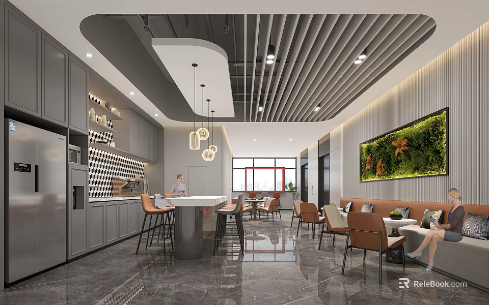 Modern Pantry Interior Design With Gray Cabinets Bar Counter Stools Greenery Wall And Natural Light 3d model 