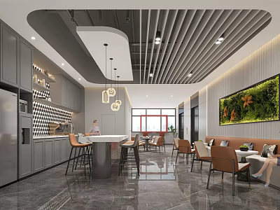 Modern Pantry Interior Design With Gray Cabinets Bar Counter Stools Greenery Wall And Natural Light 3d model