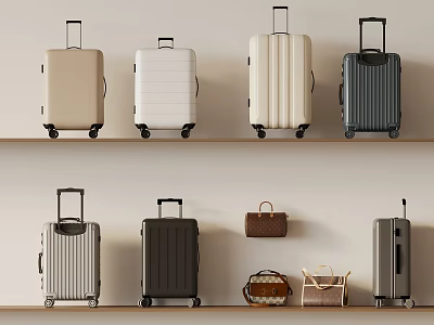 Stylish Luggage And Travel Bags In Various Colors And Designs Displayed On Shelves 3d model
