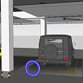 4S Car Dealership Showroom With Black SUV Parked On Marked Floor And Ceiling Lights