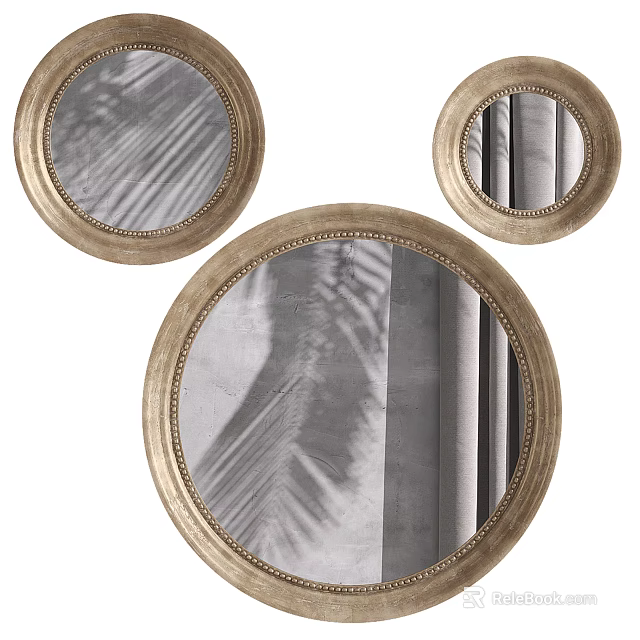 Three Round Gold Framed Mirrors With Palm Leaf Shadows And Curtain Reflections 3d model 