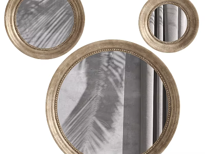 Three Round Gold Framed Mirrors With Palm Leaf Shadows And Curtain Reflections 3d model