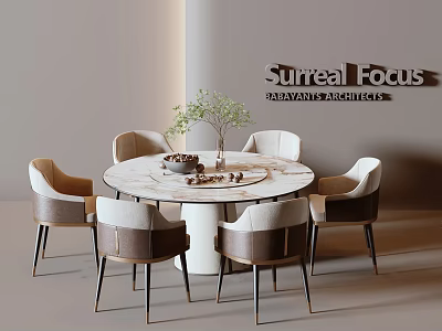Modern Round Dining Table with Marble Top Six Fabric Chairs Metal Legs and Decorative Plant 3d model