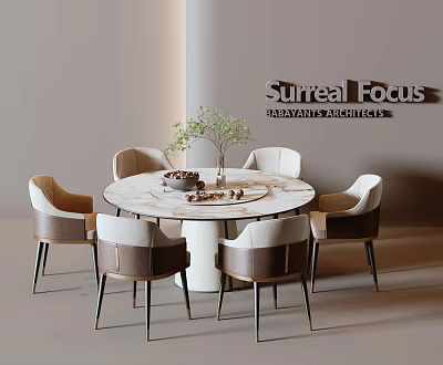 Modern Round Dining Table with Marble Top Six Fabric Chairs Metal Legs and Decorative Plant 3d model