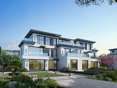 Modern Semi Detached Villa Exterior Design With Large Windows Balconies And Greenery Garden 3d model