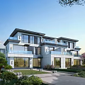 Modern Semi Detached Villa Exterior Design With Large Windows Balconies And Greenery Garden