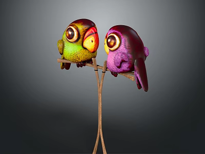 Two Colorful Birds One Green Red and One Purple Perched on Twisted Tree Branch 3d model