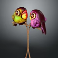 Two Colorful Birds One Green Red and One Purple Perched on Twisted Tree Branch