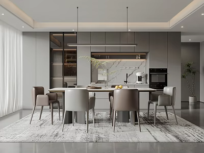 Modern Restaurant Interior With Round Dining Table Grey Chairs Pendant Lights And Area Rug 3d model