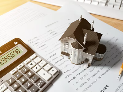 Office Electrical Appliances Including Calculator Keyboard on Office Desk with Documents House Model and Pencil 3d model