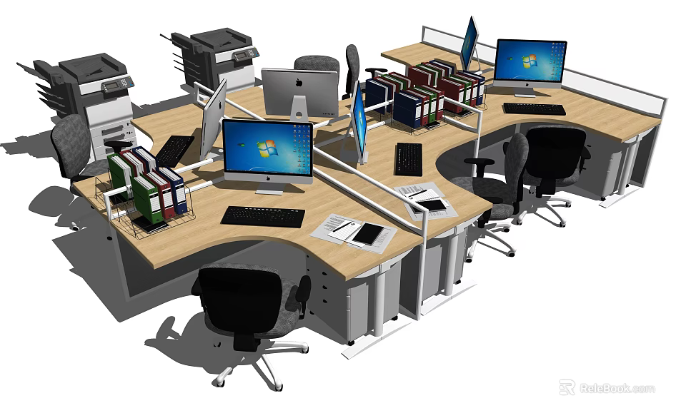 Modern Office Desk Setup With Computers Chairs File Organizers And Printers 3d model