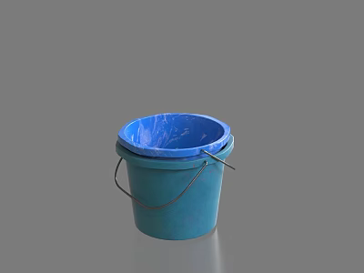 Shiny Blue Plastic Bucket With Metal Handle On Gray Background Surface 3d model