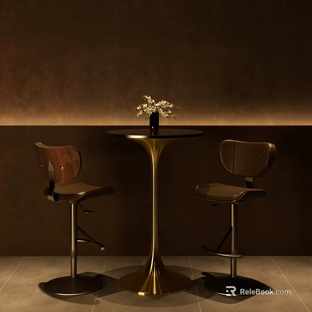 Brown Bar Stools with Wooden Backrests Metal Frames Gold Base Round Table Vase White Flowers 3d model 