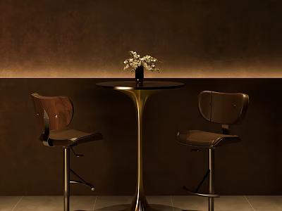Brown Bar Stools with Wooden Backrests Metal Frames Gold Base Round Table Vase White Flowers 3d model